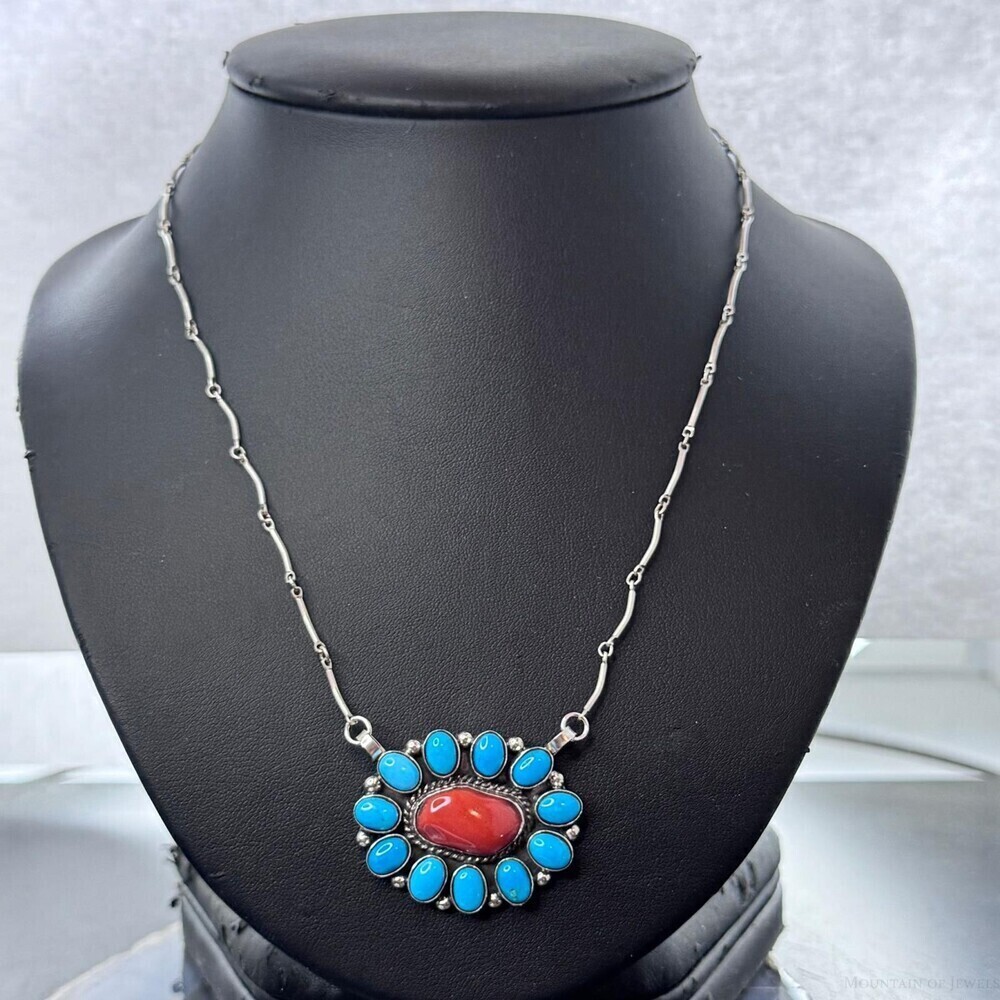 Native American Sterling Silver Oval Coral &Turquoise Cluster Pendant W/Necklace